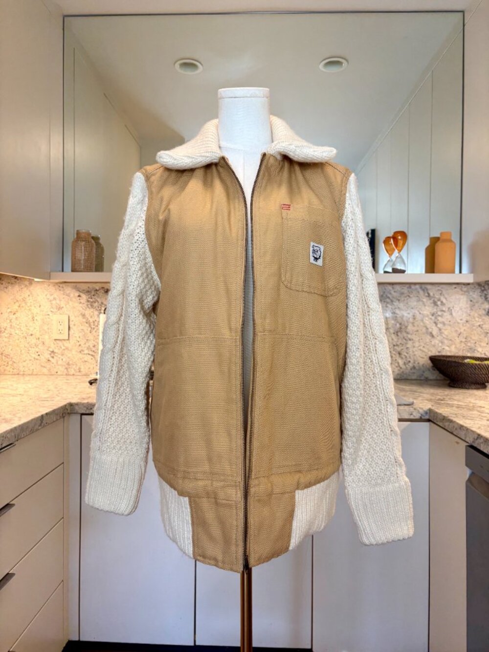 BDG Urban Outfitters Remade Canvas Bomber Jacket Knit Sleeve Utility Tan - size